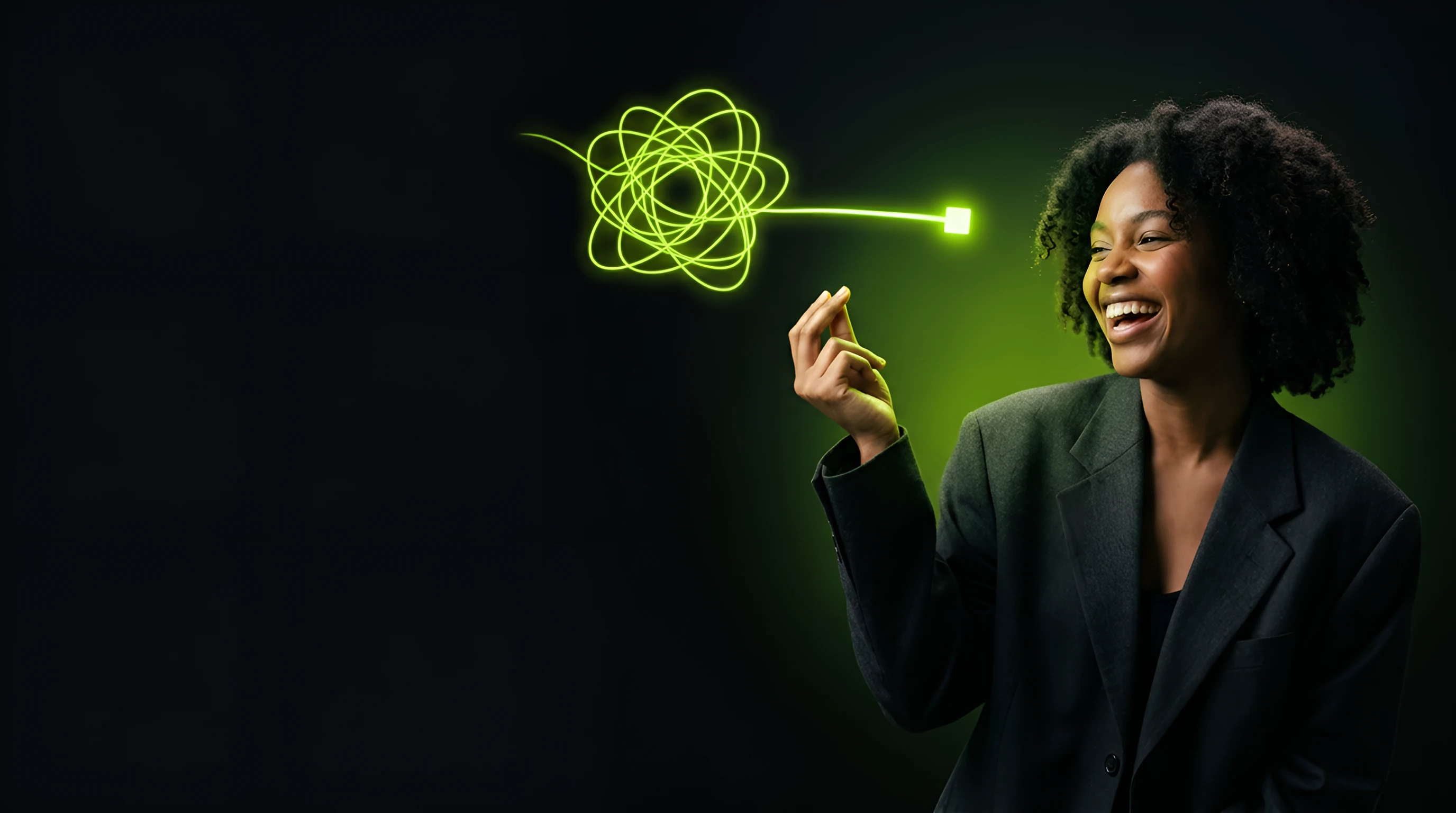 Marketer laughing as a tangle of lime neon lines straightens into one clear attribution path