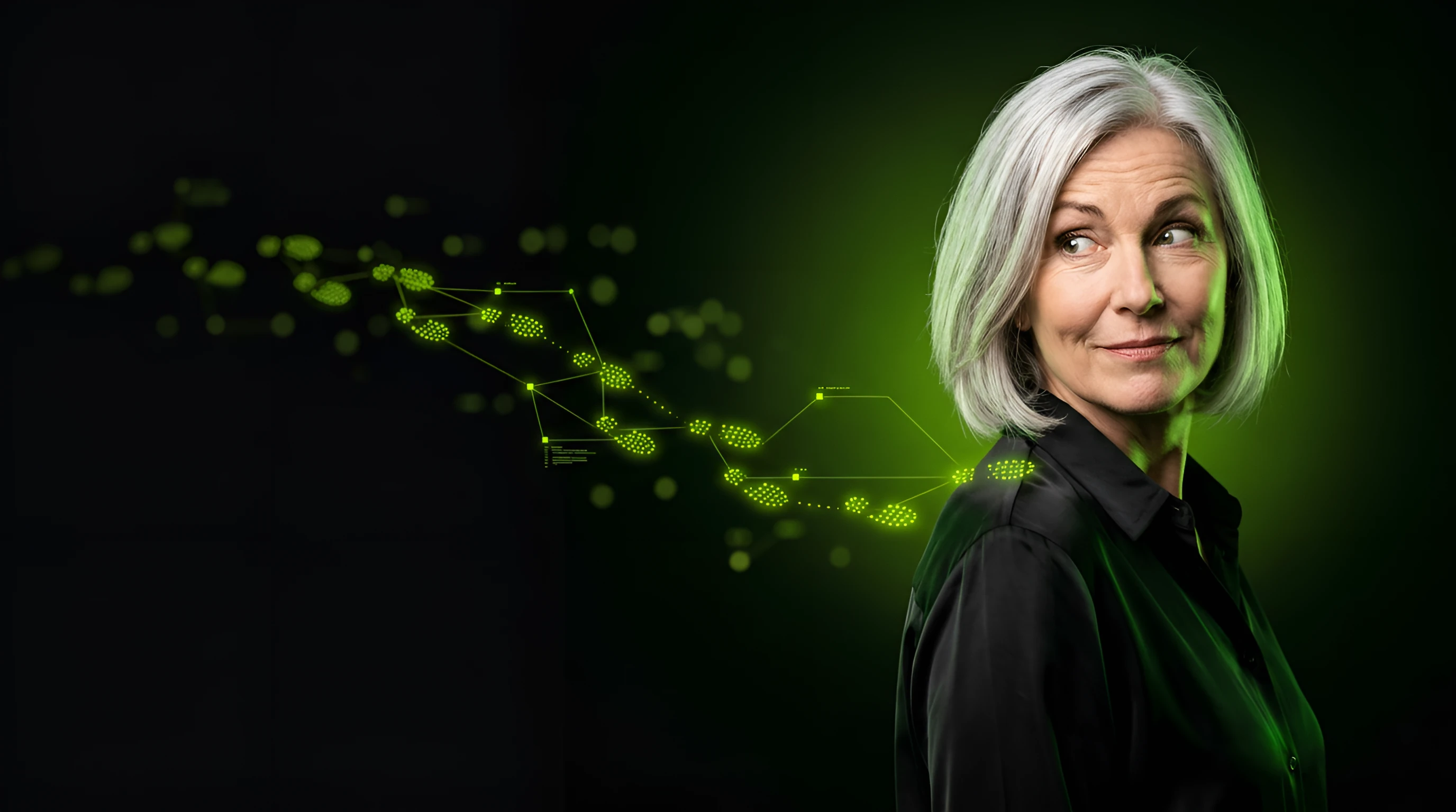 CMO glancing back at a trail of glowing lime footprints that has caught up with her