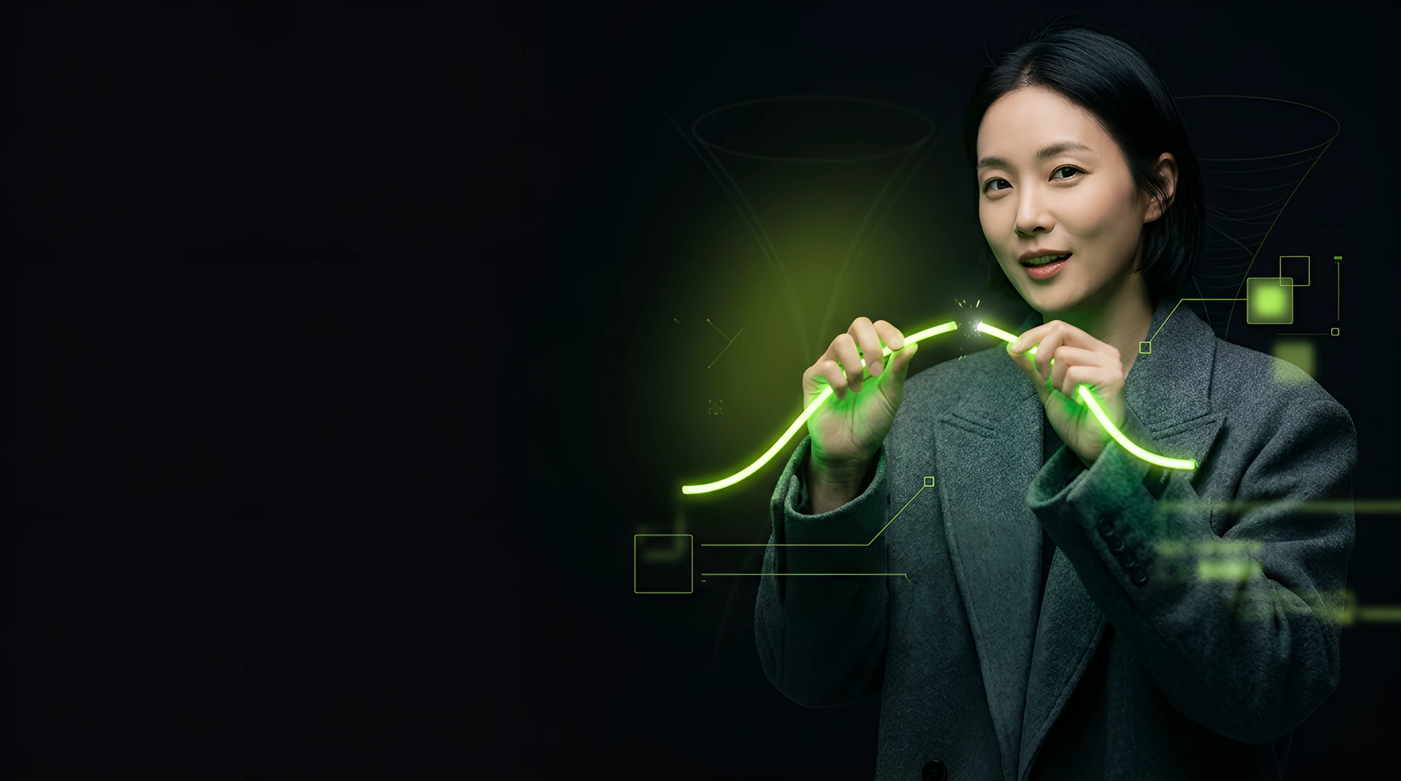 Woman reconnecting a snapped lime line in front of a faint funnel outline