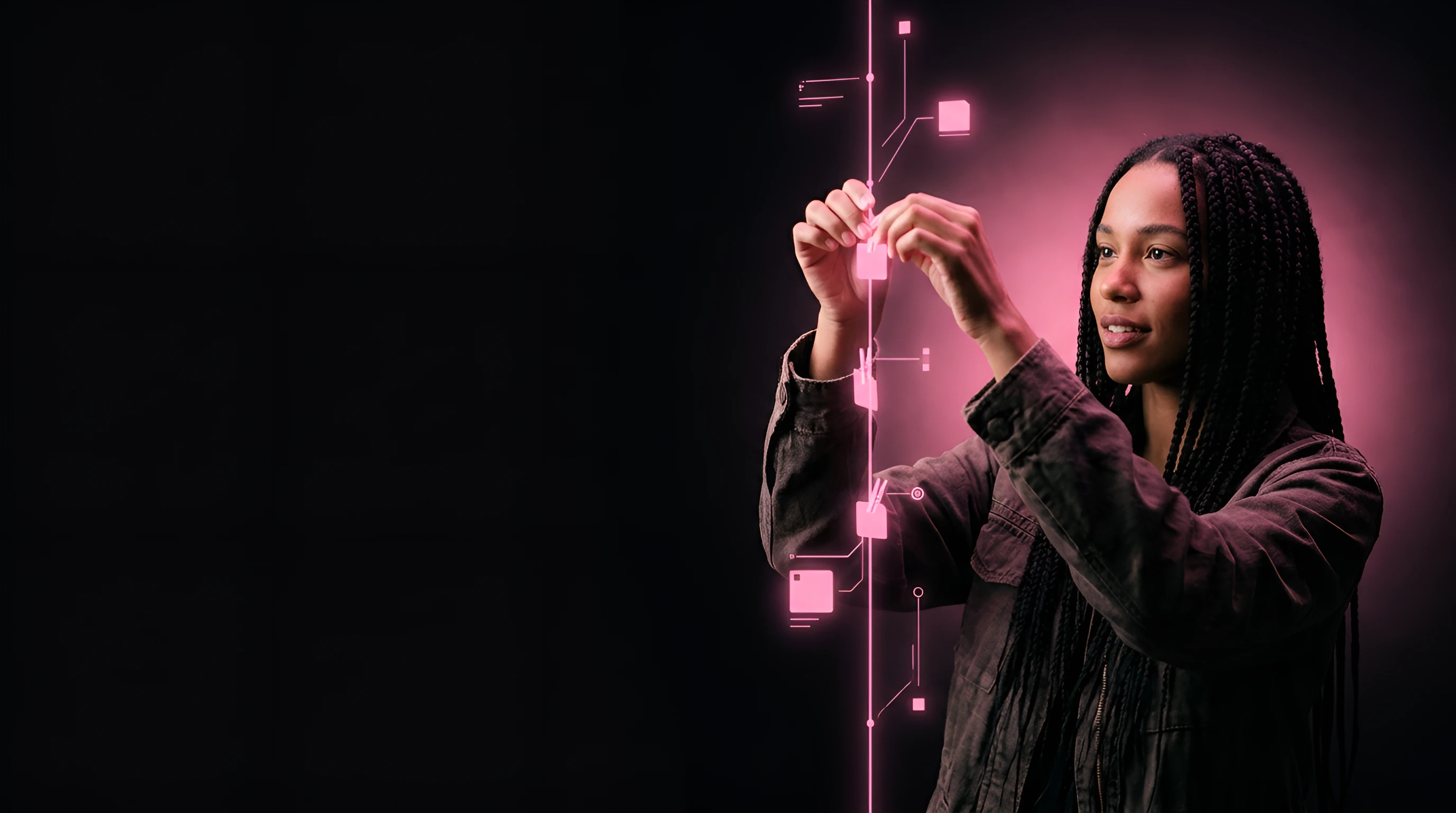 Woman pinning glowing pink UTM tag chips onto a vertical tracking line