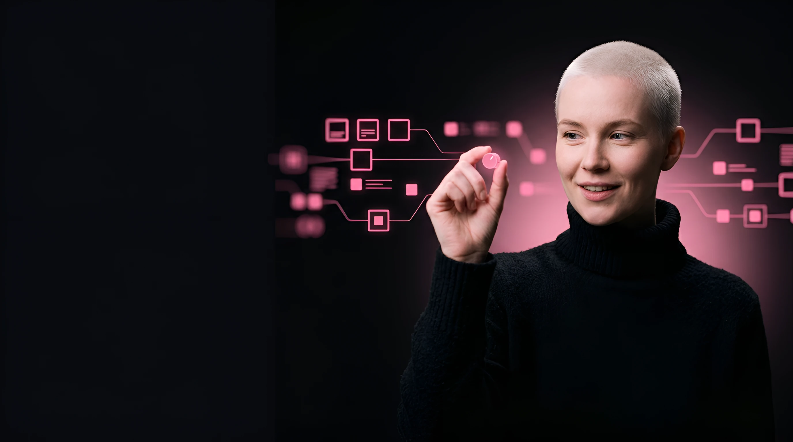 Woman with a platinum buzzcut in a black turtleneck turning a glowing pink dial in mid-air as a conveyor of square pink nodes flows behind her in a dark void
