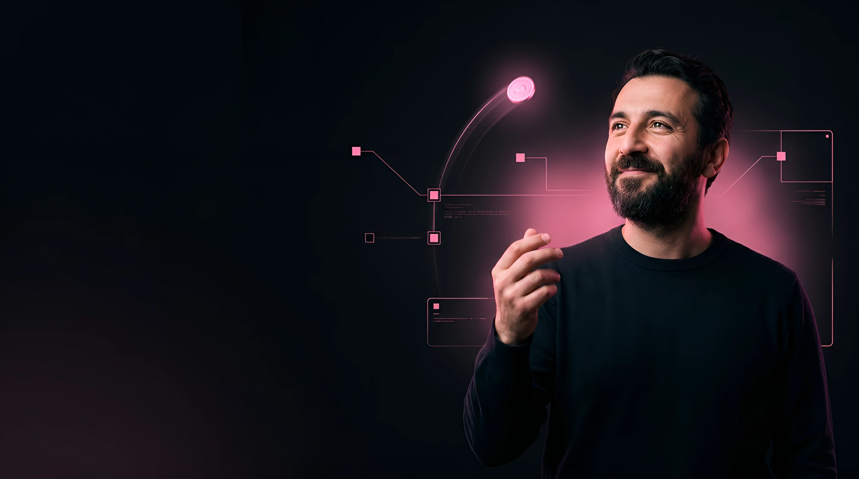 Man tossing a glowing pink promo-code token whose trail arcs to a lead node