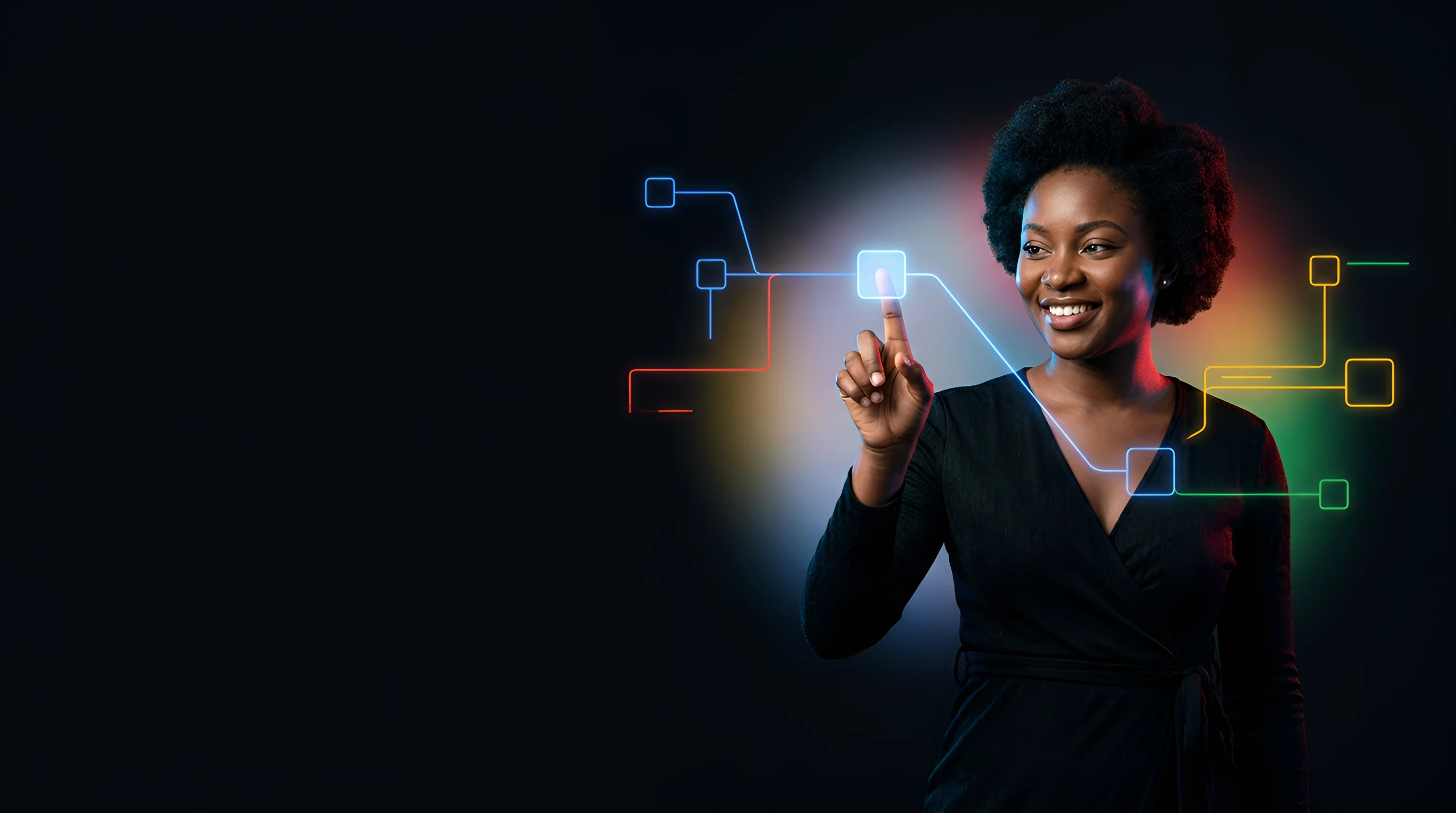 Ghanaian woman in a black wrap dress clicking a floating toggle switch on with one fingertip as a blue line lights up, in Google colours on black