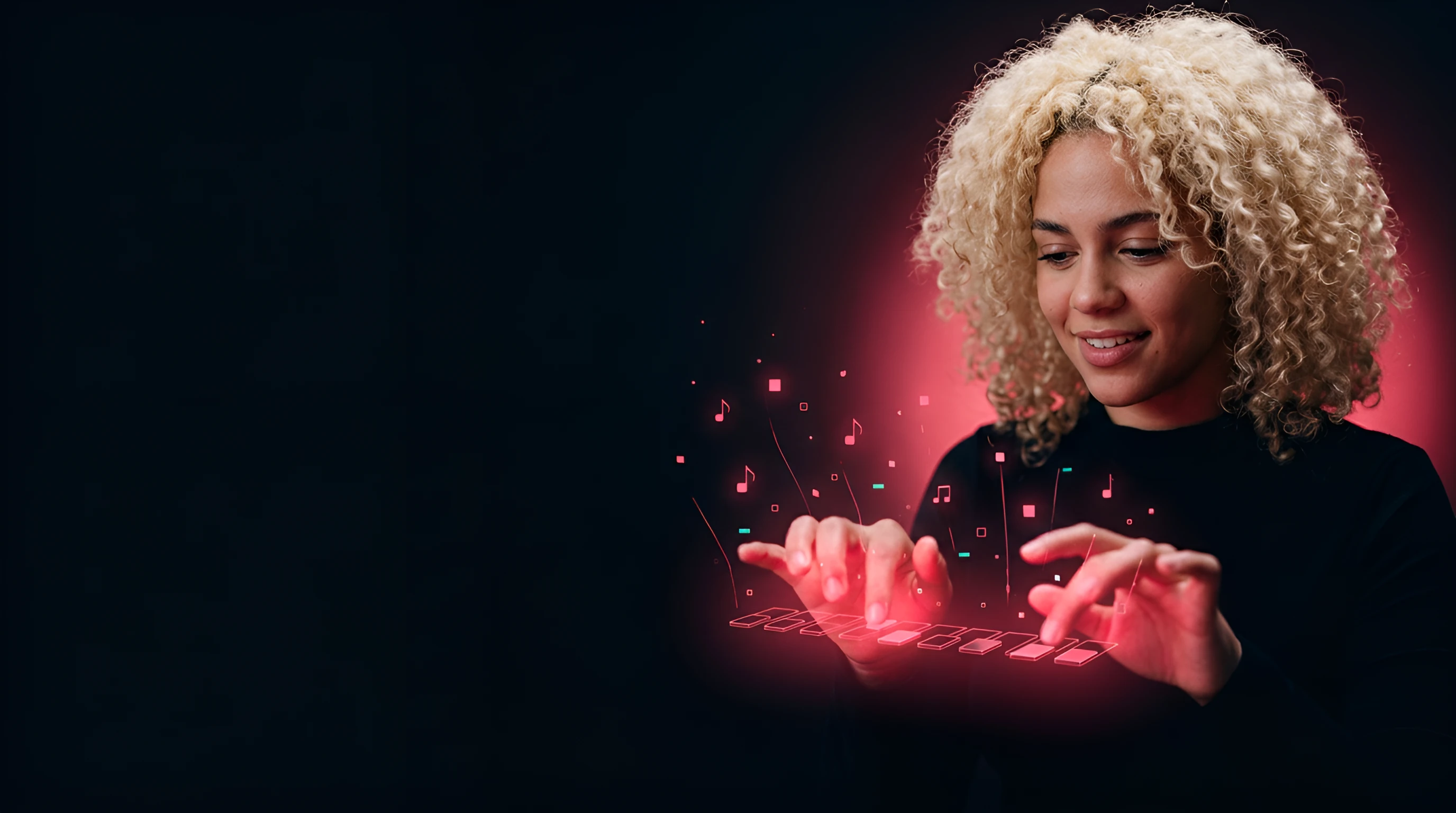 Young Puerto Rican woman with bleached curls drumming her fingers on a row of floating keys, each tap releasing a pink TikTok-coloured node