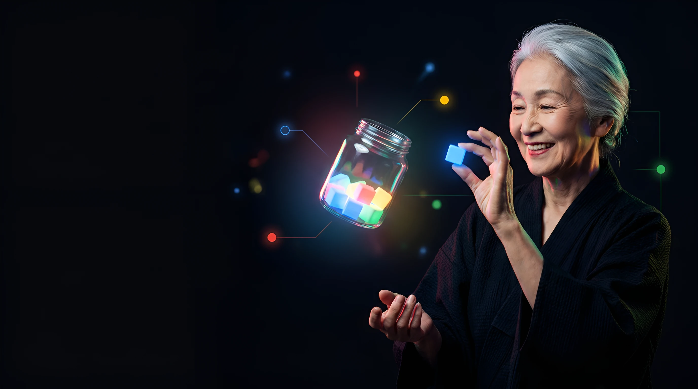 Elderly Japanese woman with silver hair in a black kimono-style jacket picking a glowing blue keyword block out of a floating jar, lit in Google blue, red, yellow and green
