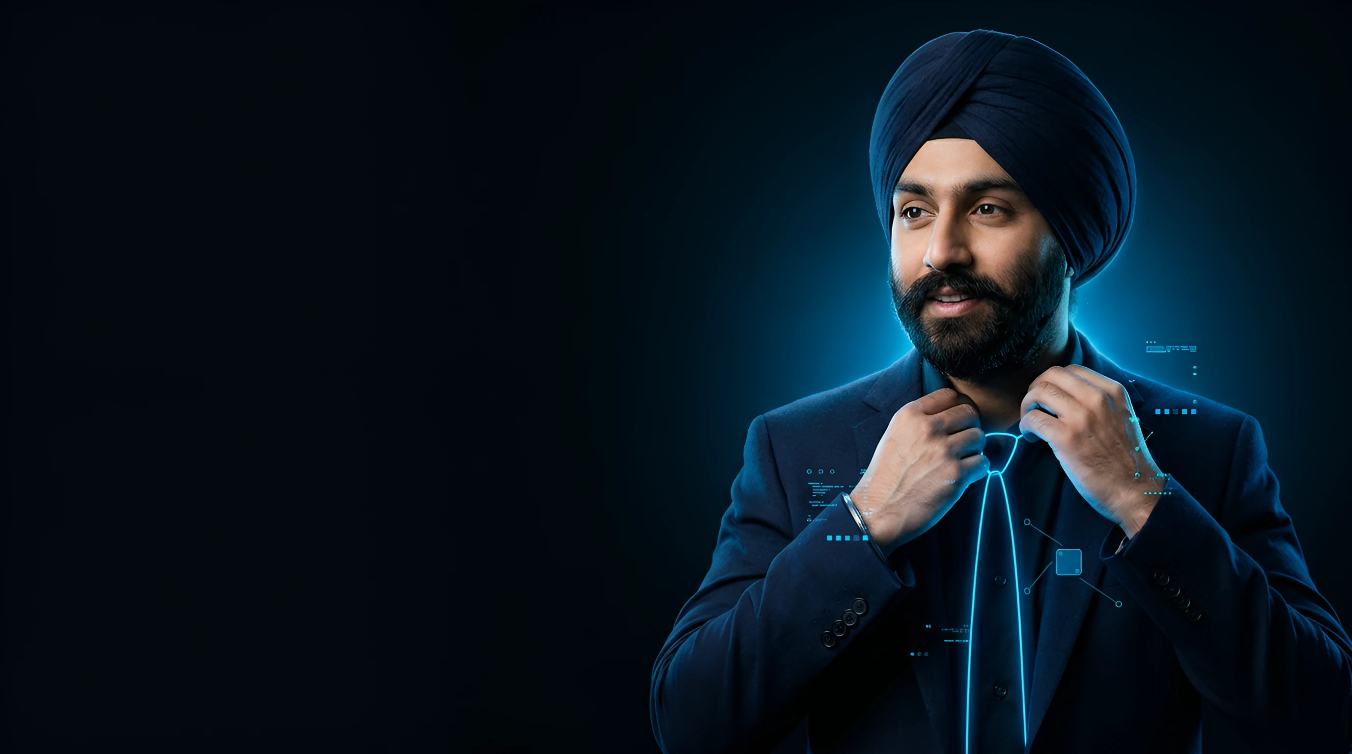 Sikh man in a dark turban and navy suit adjusting his tie while a thin LinkedIn-blue line tied like a necktie runs from his collar to a floating tag