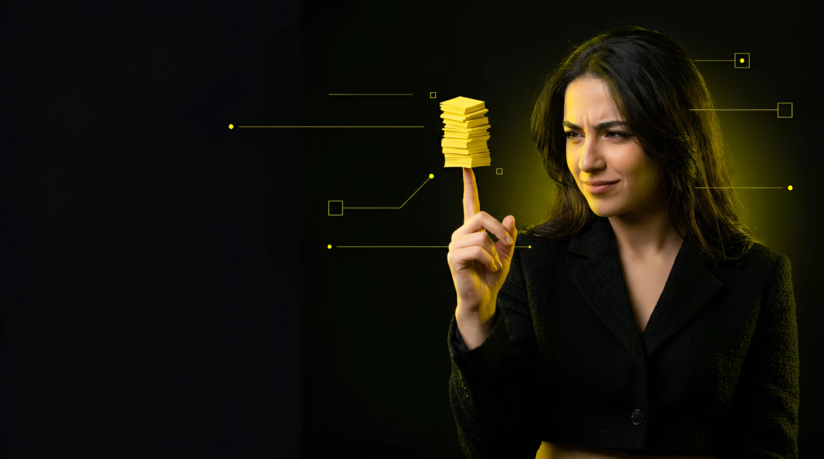 Young Arab woman in a cropped black jacket balancing a stack of tiny yellow Snapchat-coloured cards on one fingertip against a near-black background
