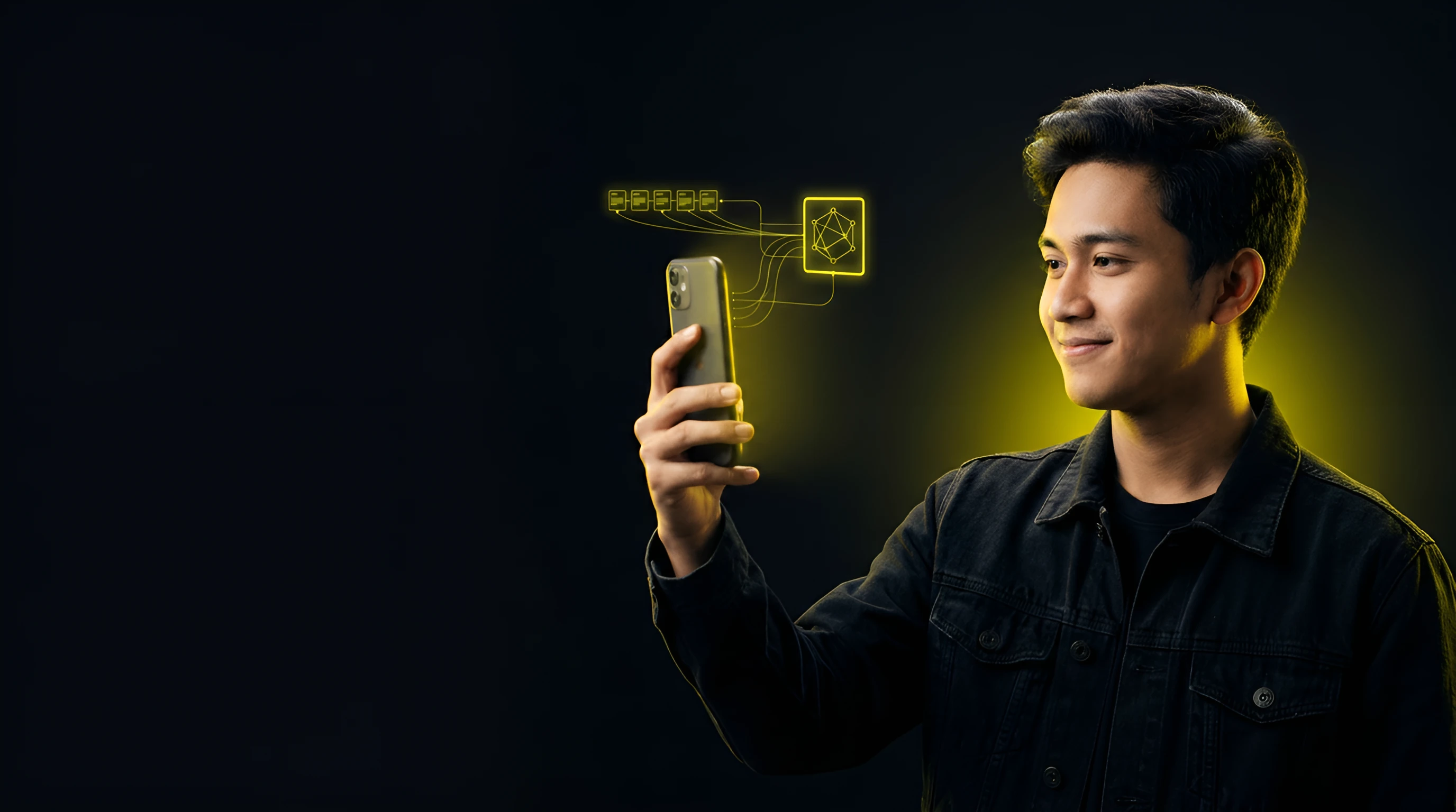 Young Indonesian man in a black denim jacket holding a phone vertically at arm's length, a chain of yellow story bars above it linking to a glowing CRM node