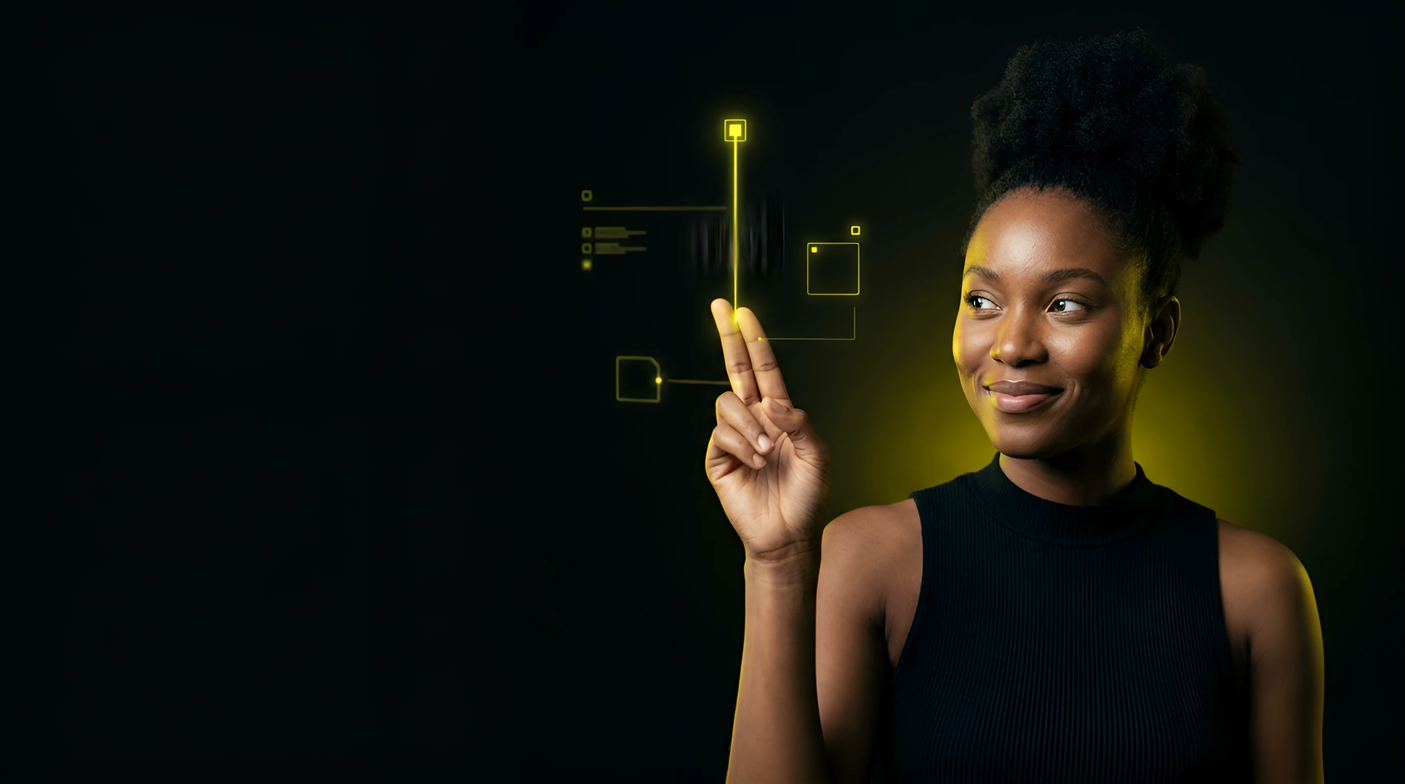 Haitian woman with a high puff swiping up in the air with two fingers, a Snapchat-yellow beam rising from her fingertips into a node