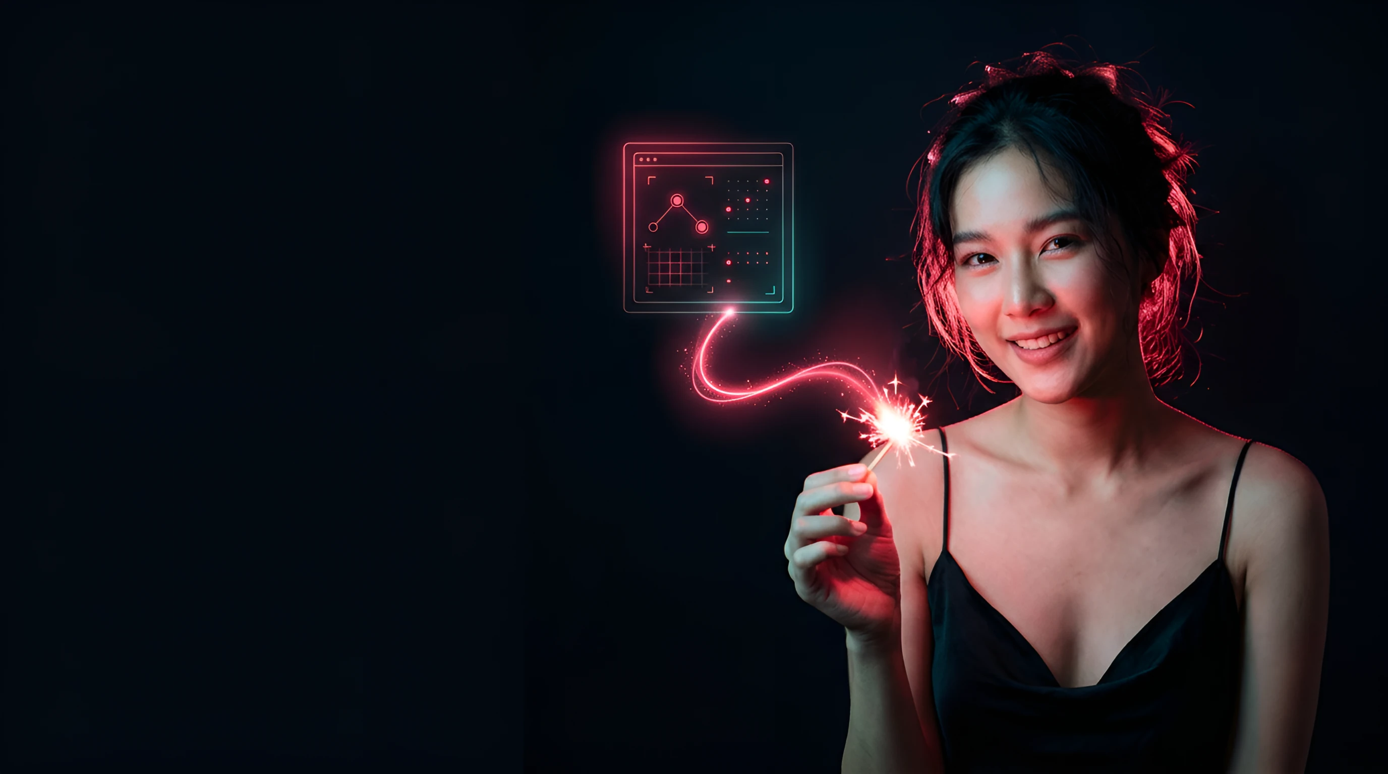 Smiling woman holding a lit sparkler whose pink trail curves up to a small glowing chart panel against a dark background