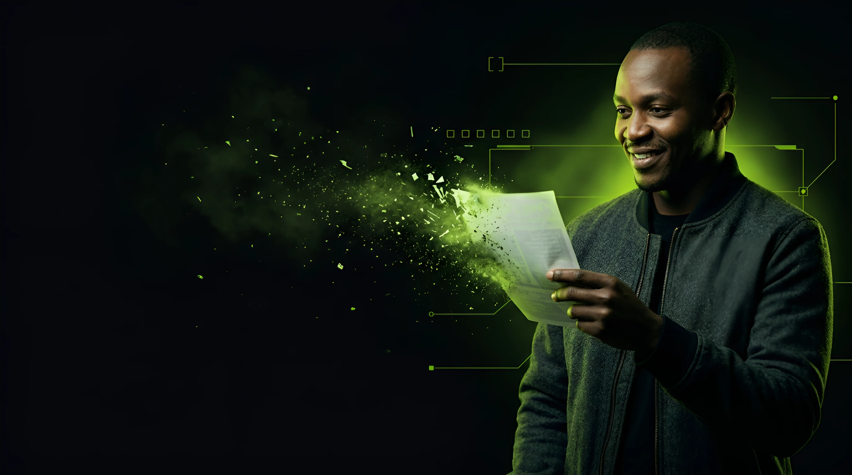 Amused Kenyan man in a charcoal bomber holding a paper flyer that dissolves into lime particles at one edge