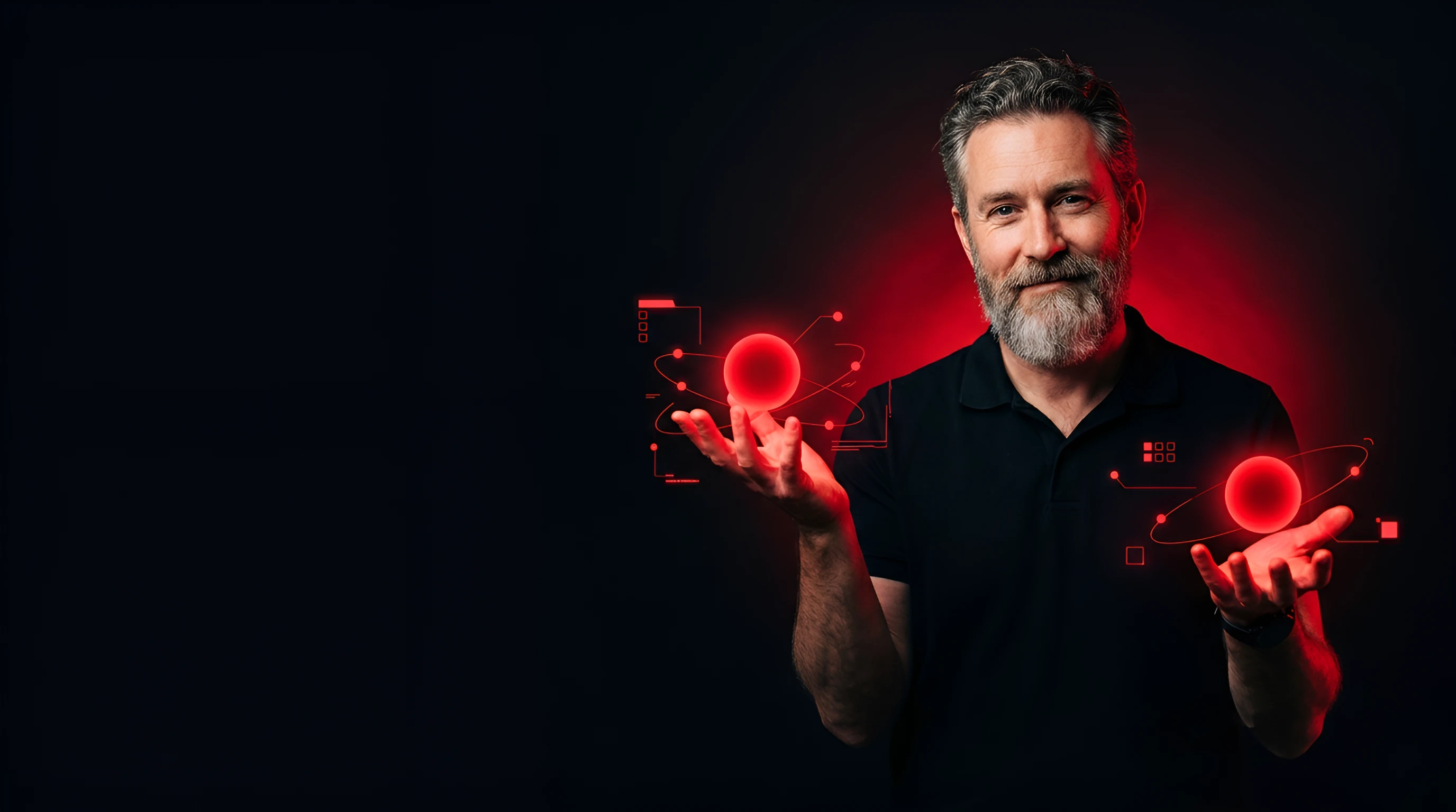 Grey-bearded man in a black polo weighing two glowing red orbs in his hands like a balance scale, lit YouTube red in a dark void