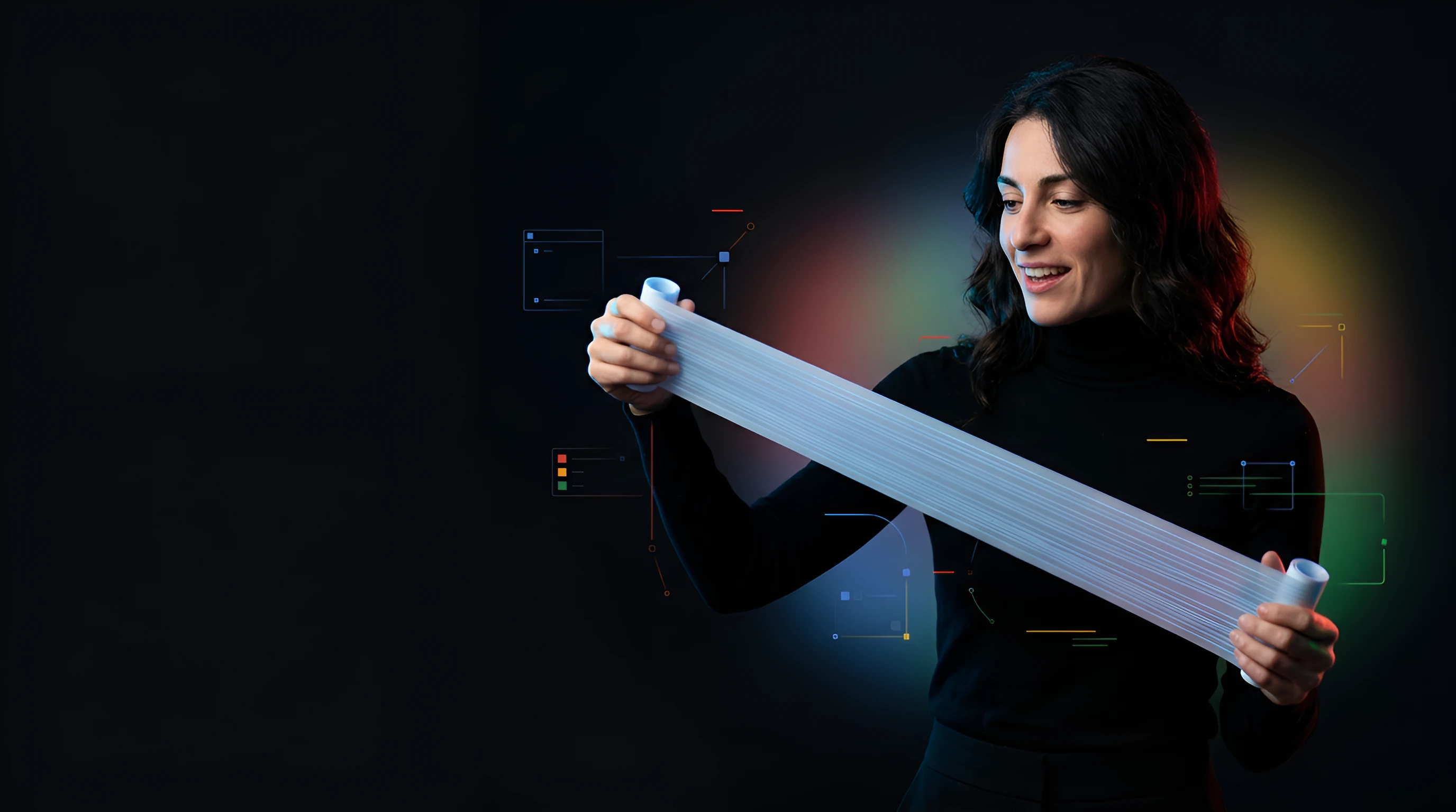 Italian woman in a black turtleneck unrolling a long horizontal banner of thin glowing blue lines from her hands like a scroll