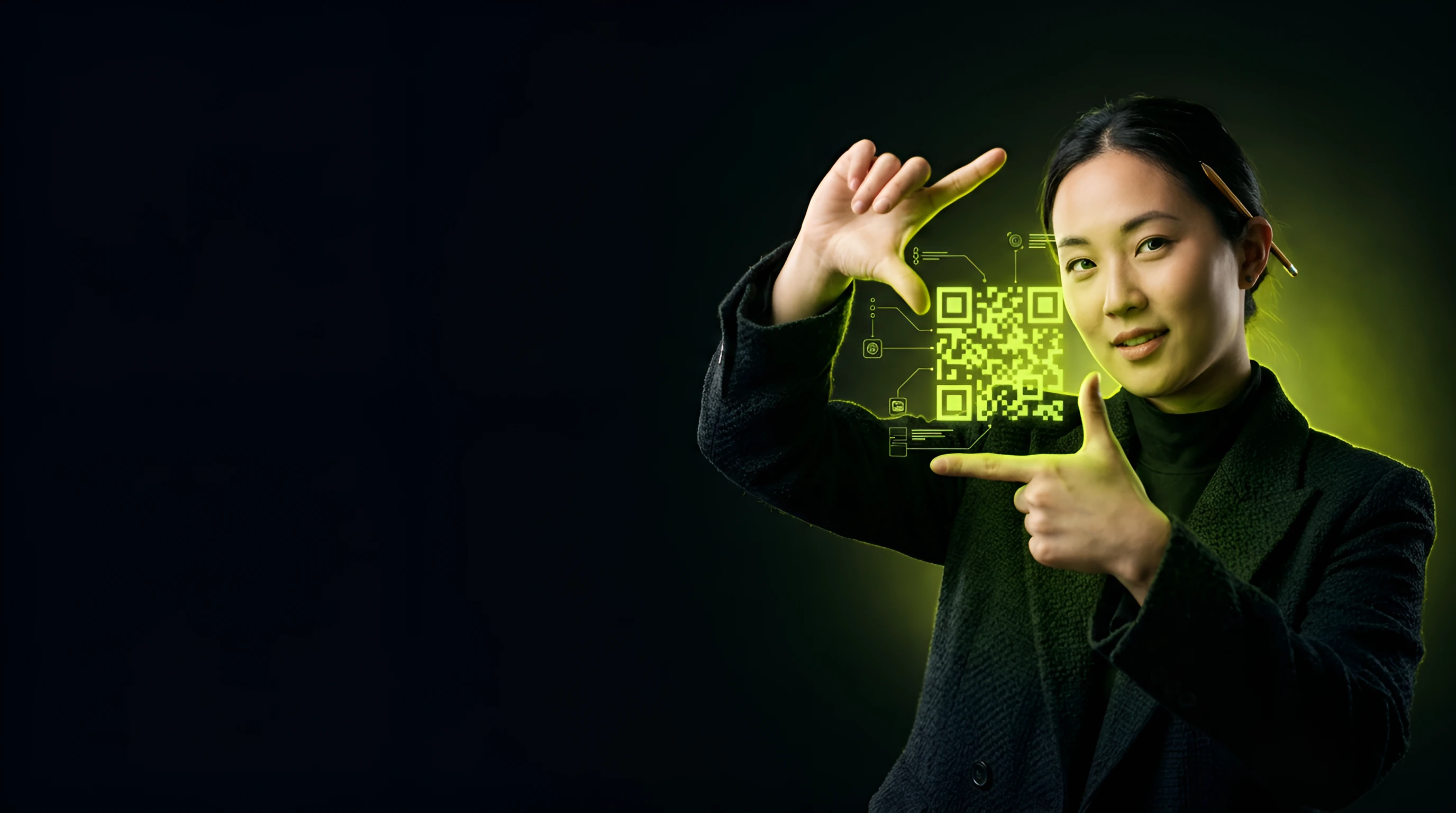 Woman framing a glowing lime QR code between her thumbs and fingers like a designer sizing up a layout