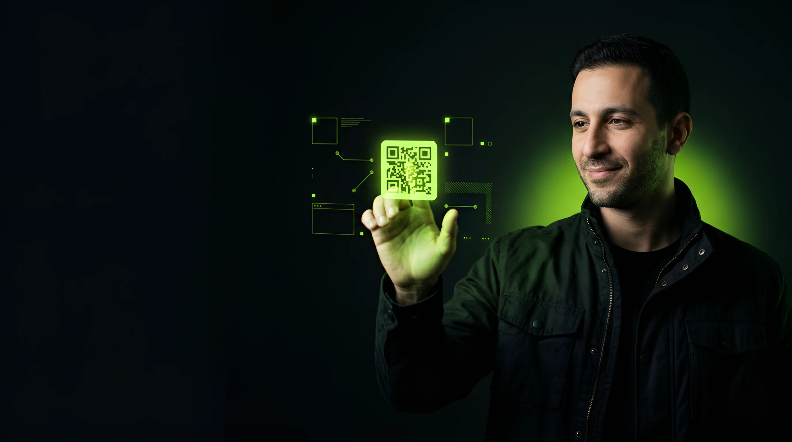 Man in a dark jacket holding up a glowing lime QR code card surrounded by faint tracking lines