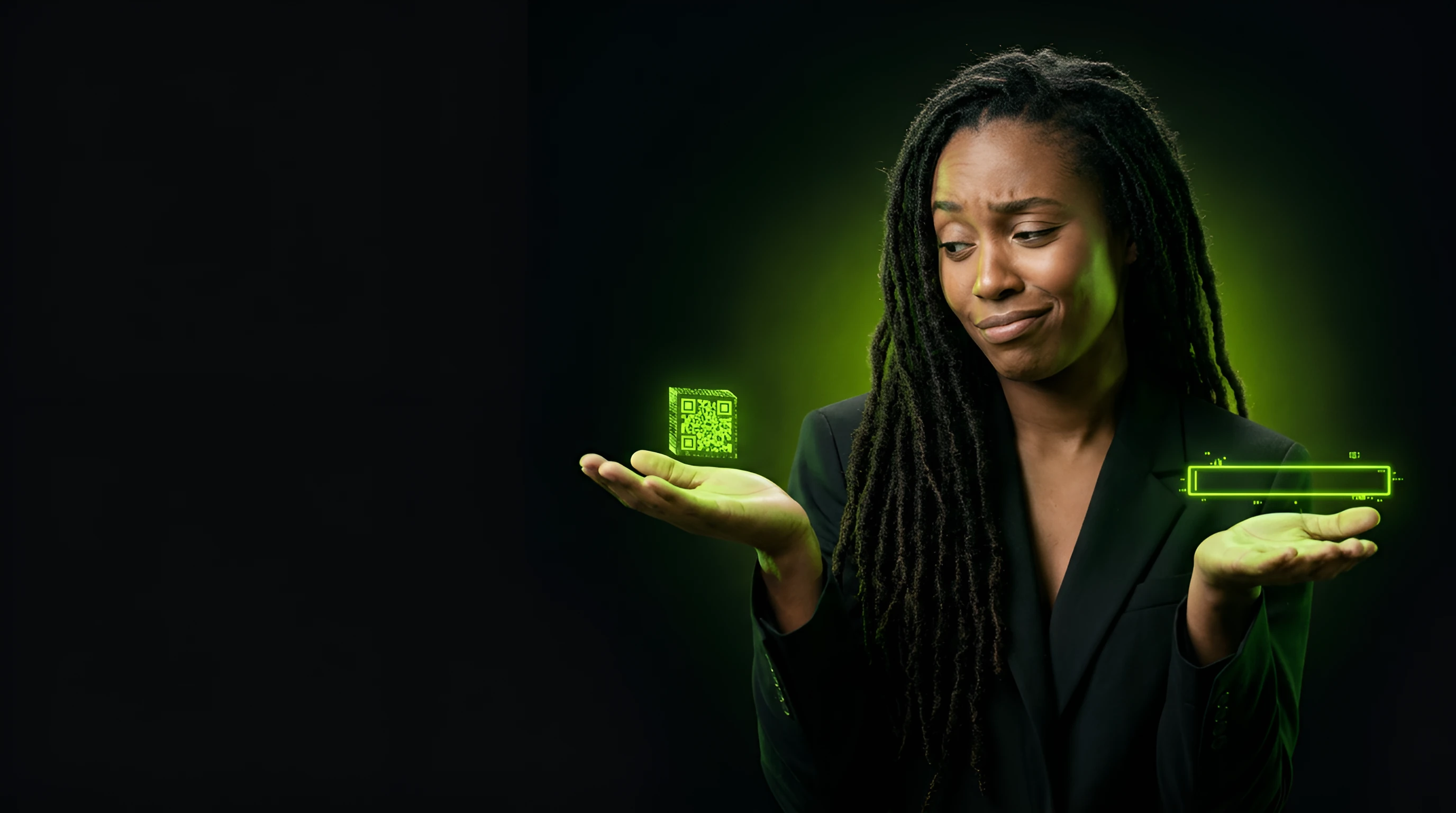 Woman with long locs shrugging with both palms up, a small glowing QR code in one hand and a URL bar in the other