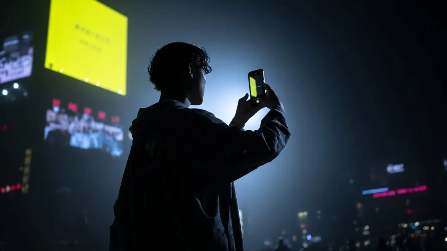 A hand holds a phone showing a face with a digital cat-ear filter, yellow and white light glowing against a dark background.