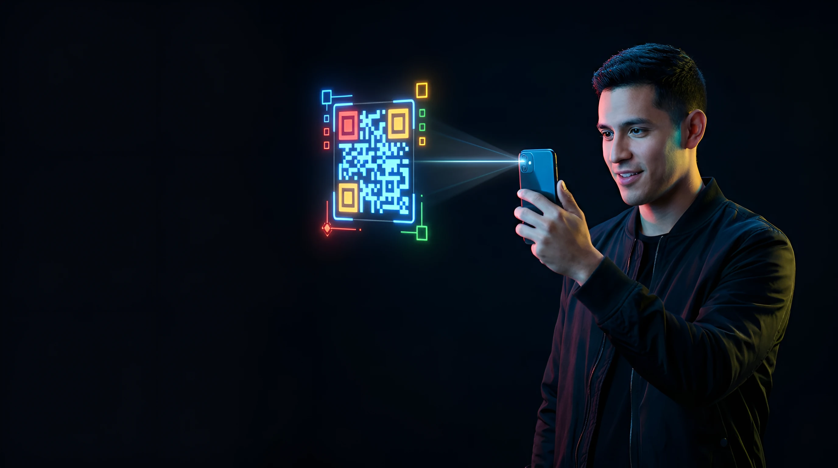 Man scanning a glowing QR code in Google colours with his phone to track an offline campaign
