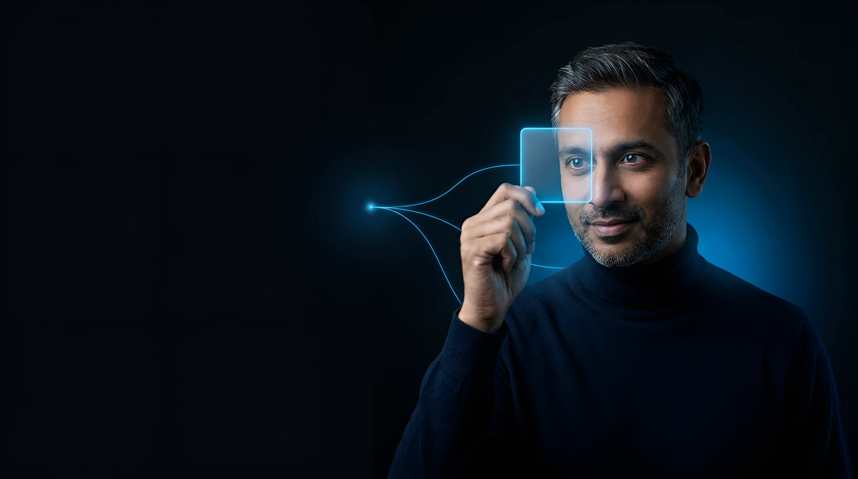 Man peering through a floating LinkedIn-blue lead form traced back to its source