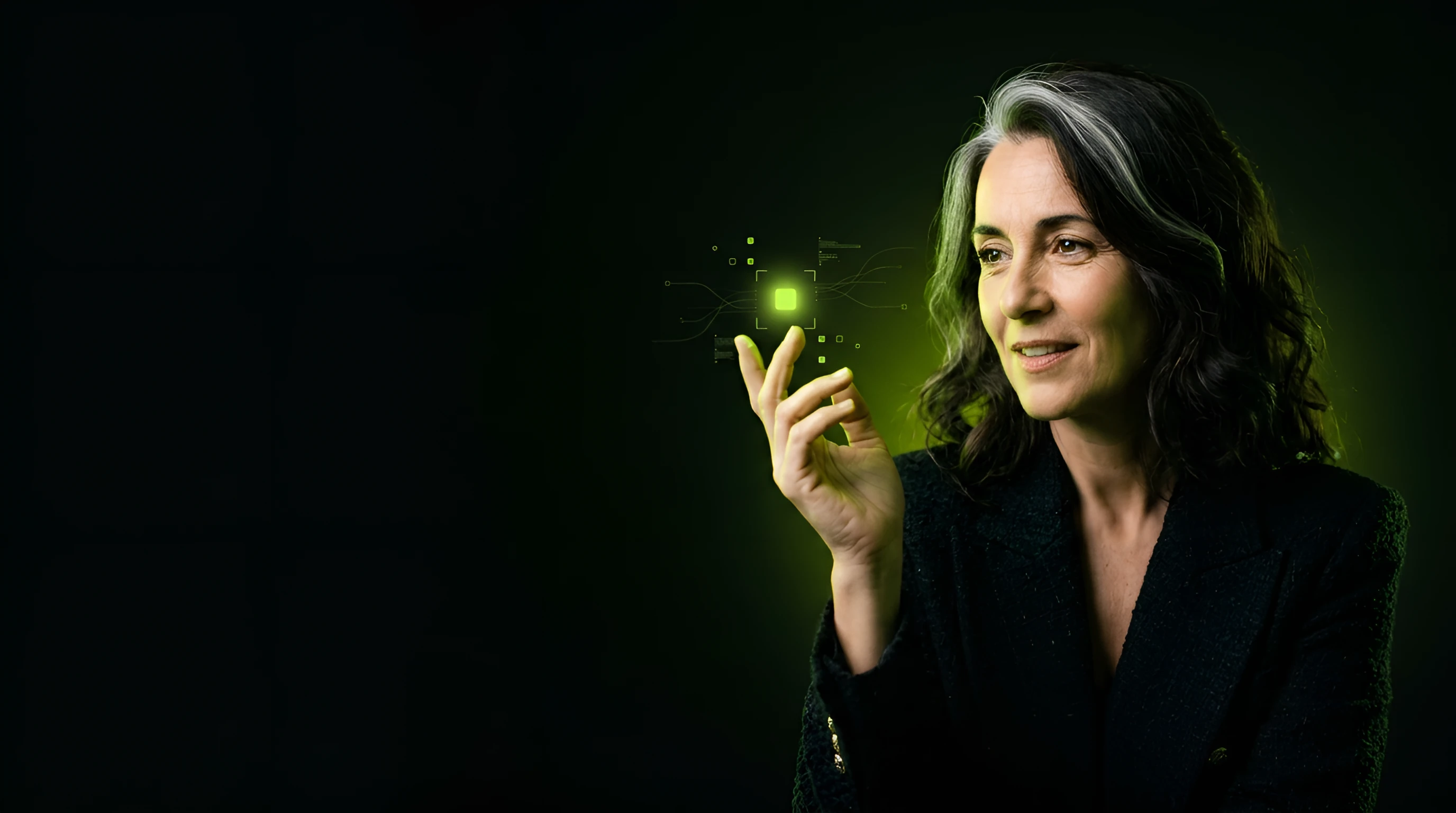 Woman raising her hand to answer, with a glowing lime node at her fingertips
