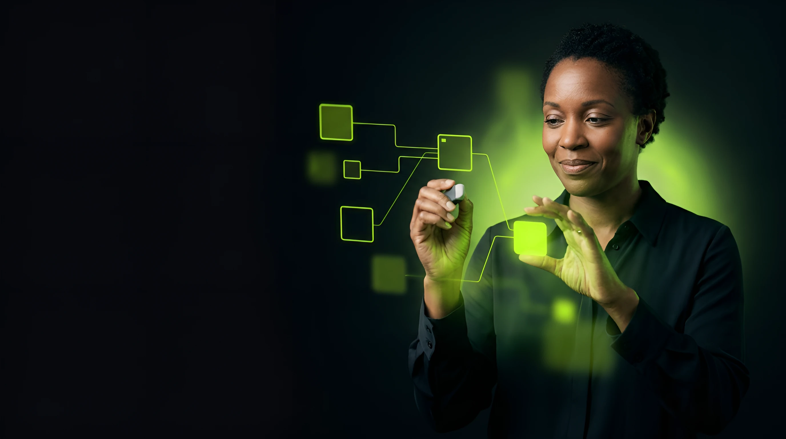 Woman shielding a glowing first-touch lead node from being overwritten