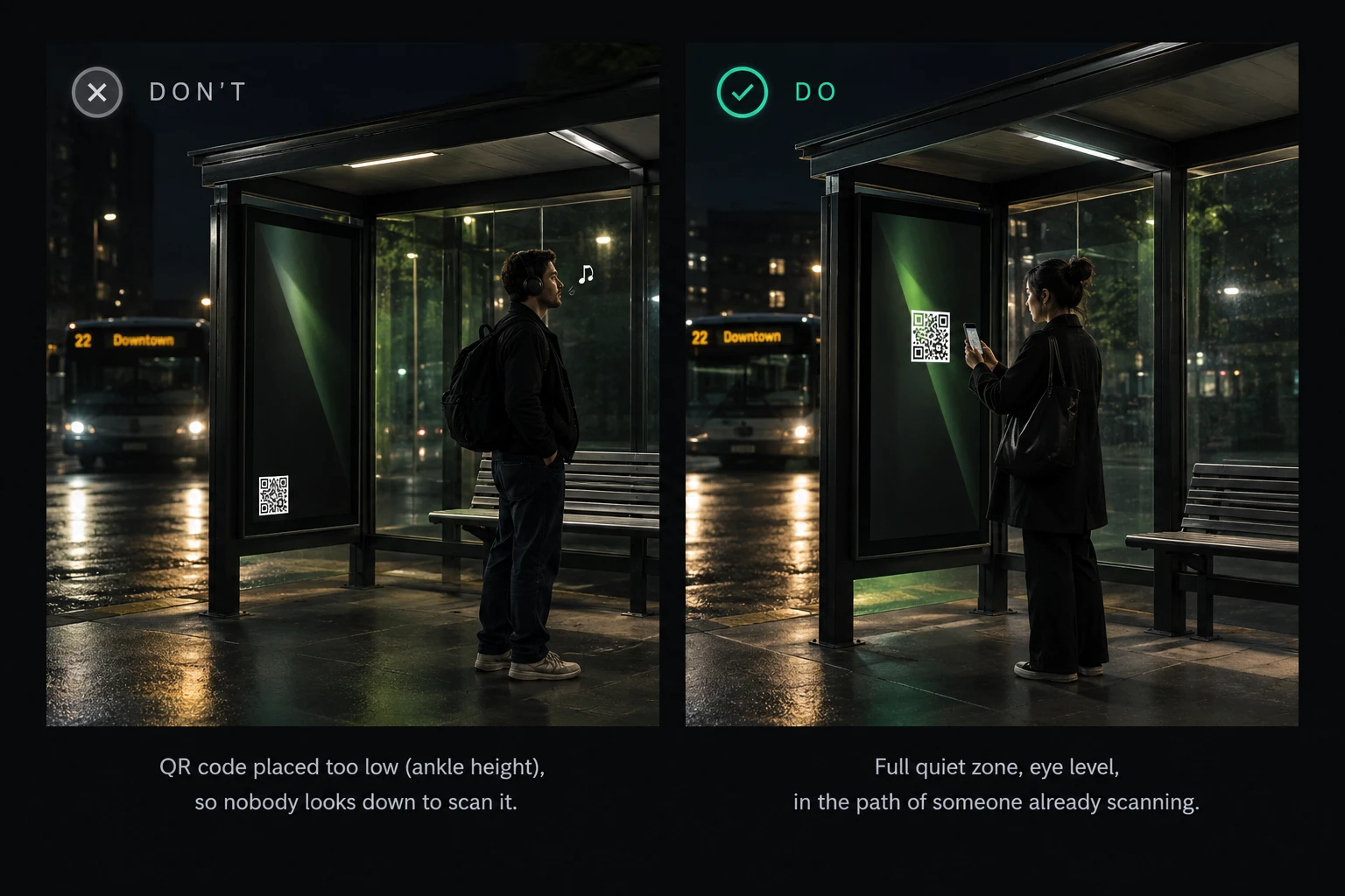 Two bus shelter ads at night: on the left, marked don't, a QR code sits at ankle height on the poster while a commuter with headphones on doesn't look down to scan it; on the right, marked do, the same poster has the QR code at eye level, and a commuter is scanning it with her phone