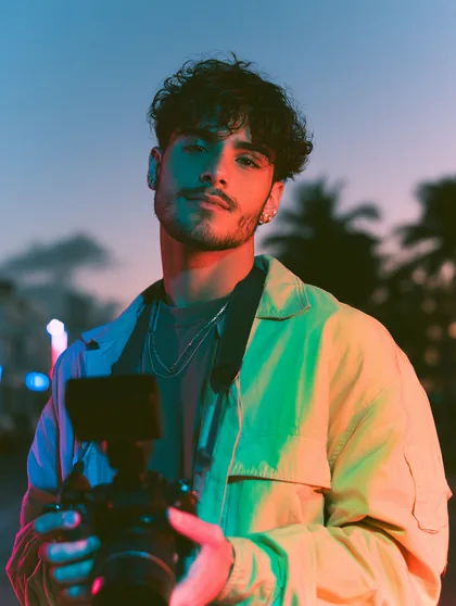 Theo Marchetti, the lifestyle creator, holding a camera at dusk under palm trees