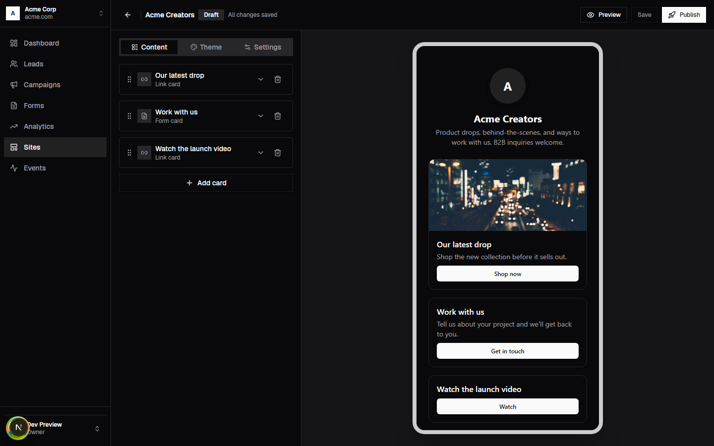 Trakt Sites builder with drag-ordered link and form cards beside a live phone preview of the published page